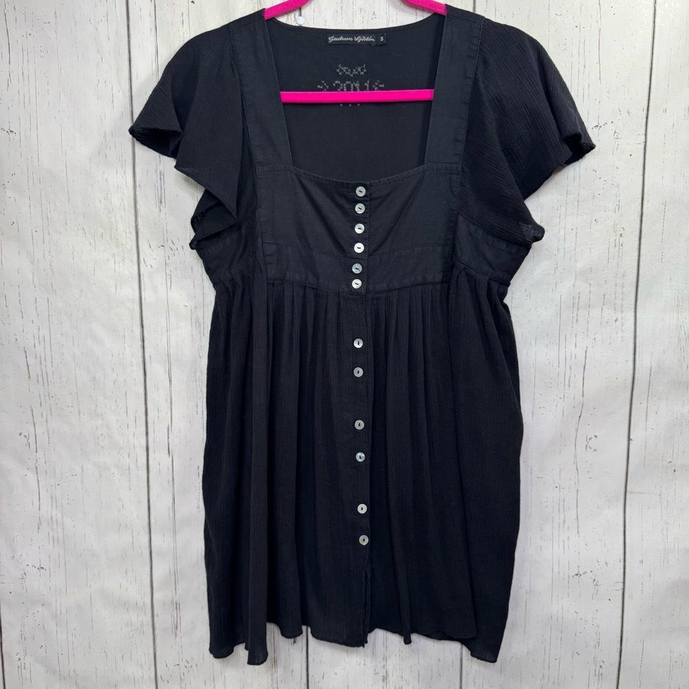 Gudrun Sjoden Black Cotton Button Front Tunic Top S Lagenlook Artsy Boho Cottage